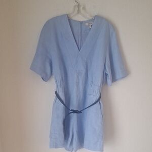 COS Light Blue V-Neck Linen-Blend Romper Minimalist with Navy Belt Sz 10 #summer